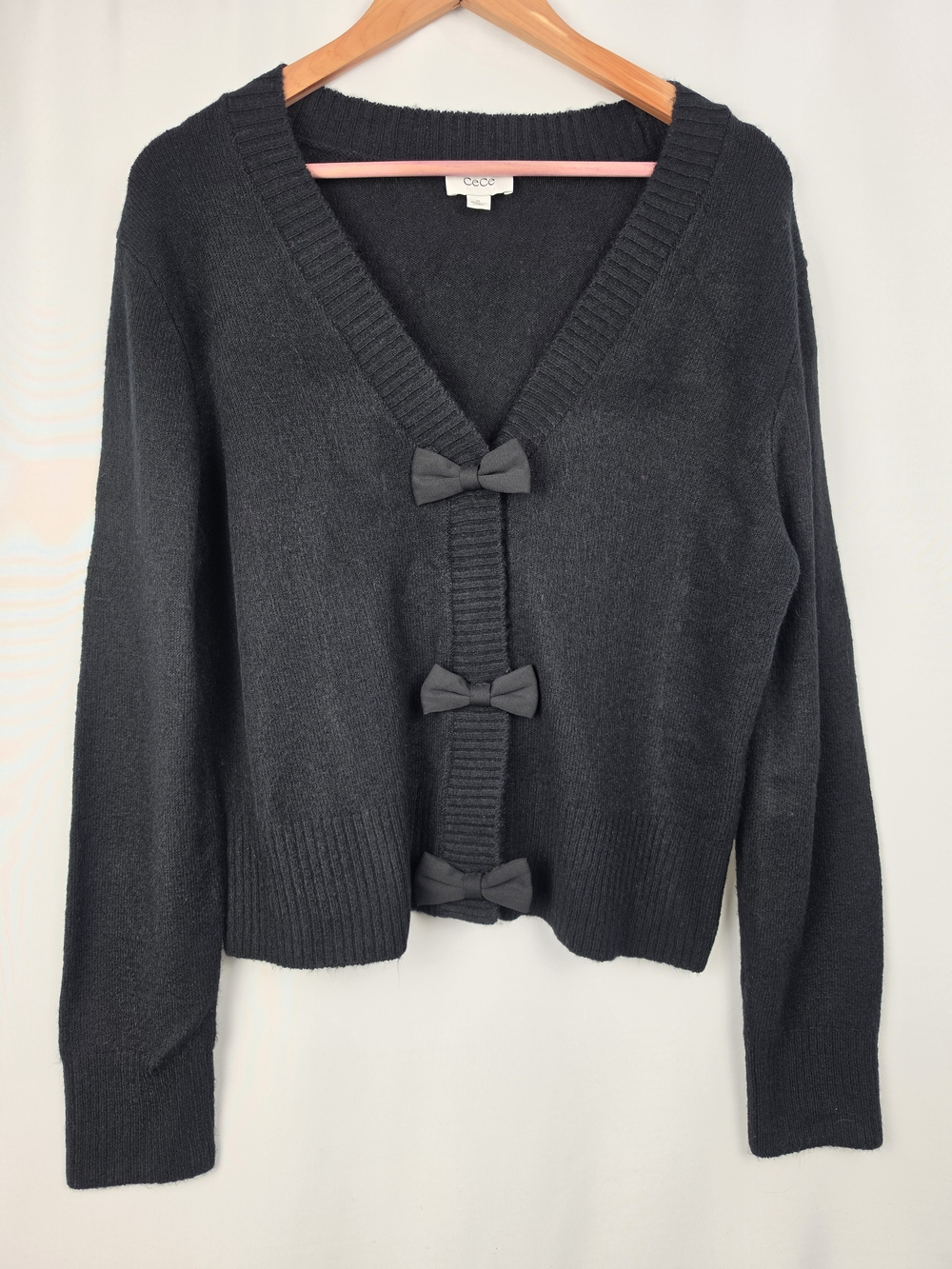 CeCe Black 3 Bow V-Neck Sweater Cardigan M Coquette